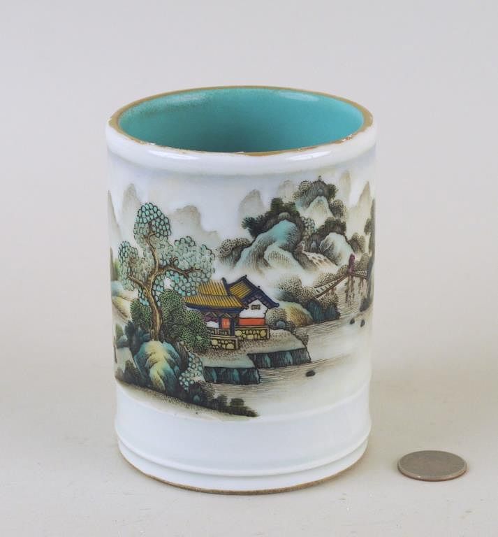 Appraisal: Chinese Famille Rose Porcelain Brush Pot landscape decorated with seal