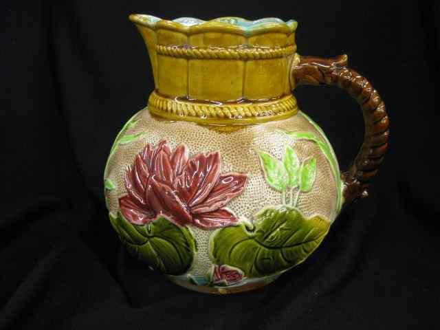 Appraisal: Majolica Pottery Pitcher water lily style decor fine coloring ''