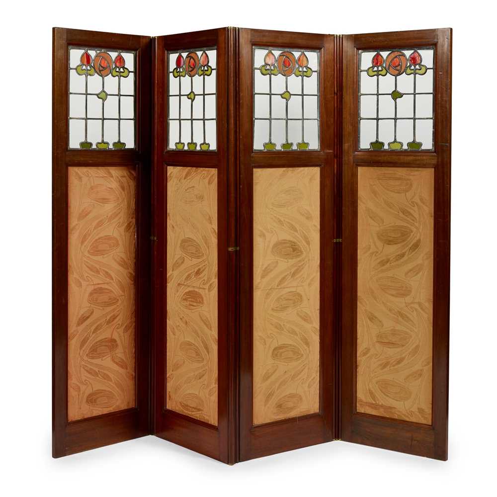 Appraisal: LIBERTY CO LONDON FOUR-FOLD DRAUGHT SCREEN CIRCA mahogany woven silk