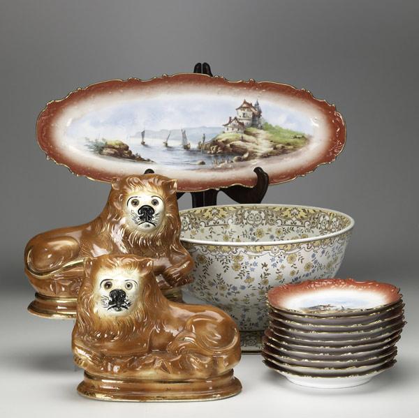 Appraisal: EUROPEAN CHINA Fourteen pieces include pair of Staffordshire lions with