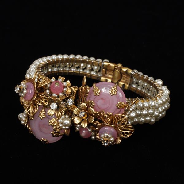 Appraisal: Miriam Haskell Faux Pearl Floral Filigree Bracelet with pink glass