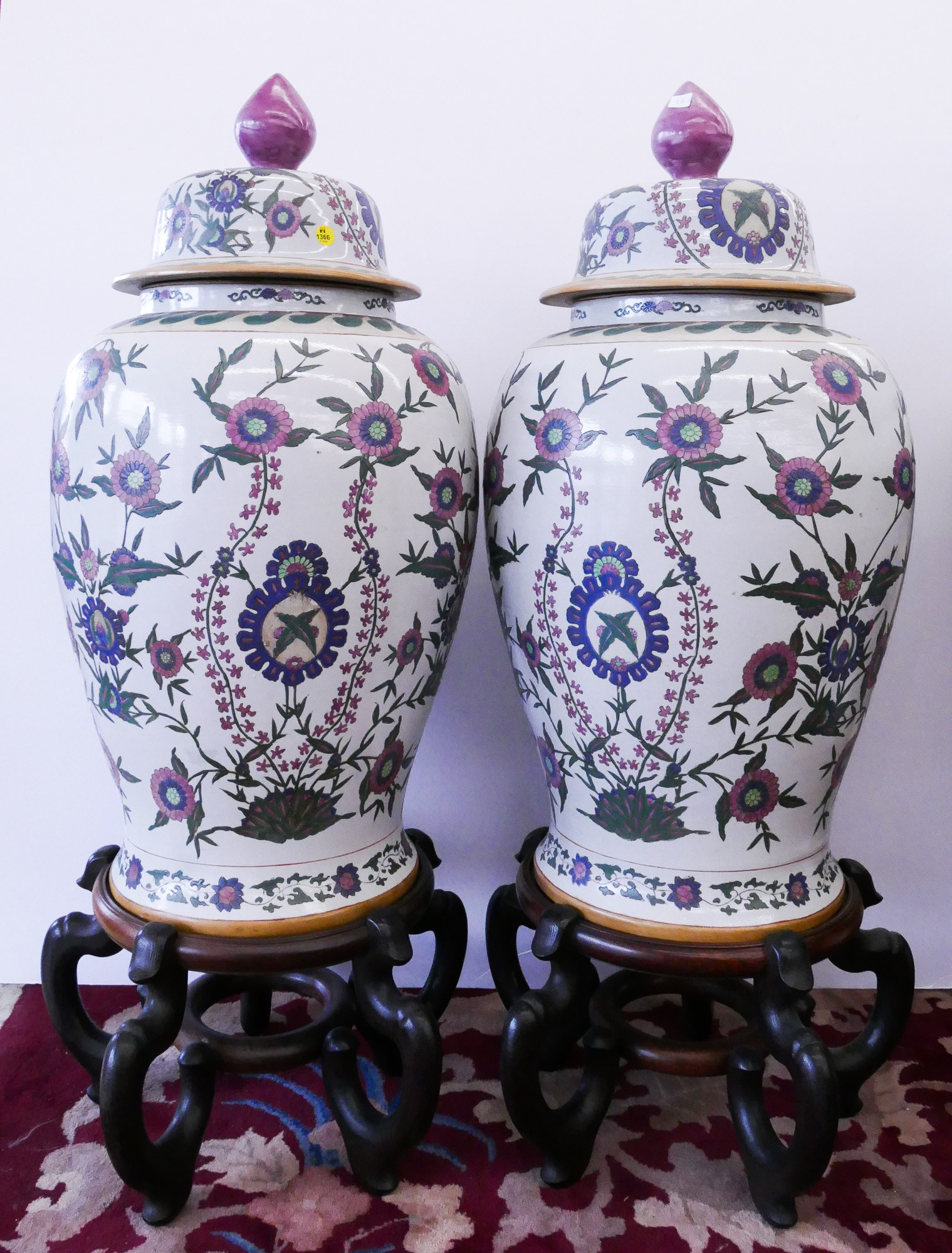 Appraisal: Pair Ornate Floral Porcelain Palace Jars on Stands- x ''