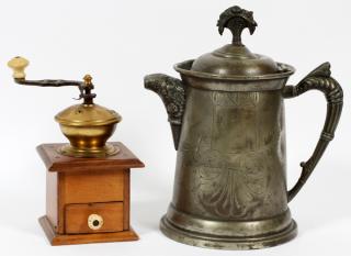 Appraisal: VICTORIAN SILVER PLATE COFFEE POT COFFEE GRINDER VICTORIAN SILVER PLATE