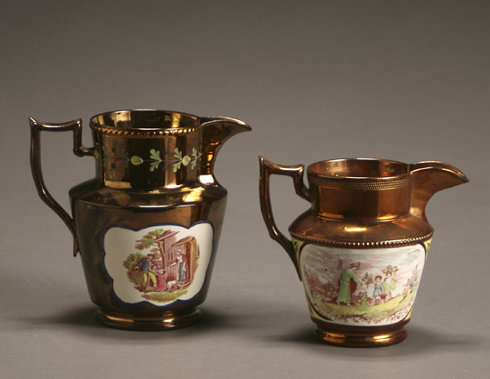 Appraisal: Two English Polychrome Decorated and Transfer Printed Copper Lustre Jugs