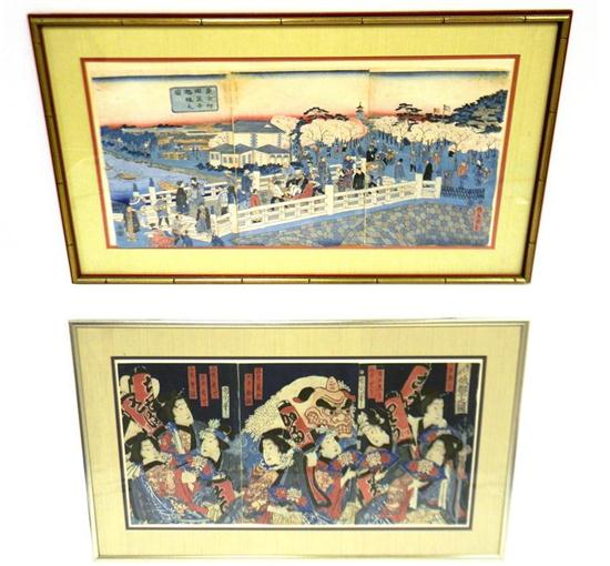 Appraisal: ASIAN two th C Japanese woodblock triptychs Utagawa School triptych