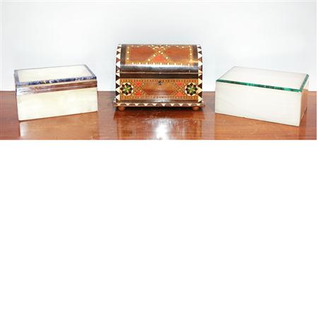 Appraisal: Two Marble Dresser Boxes Together with a Marquetry Inlaid Wood