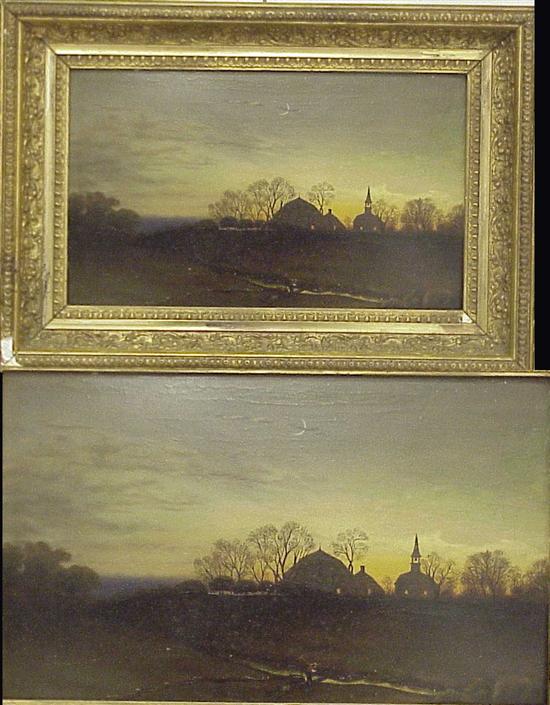 Appraisal: Oil on artistboard evening landscape with church steeple and farmer