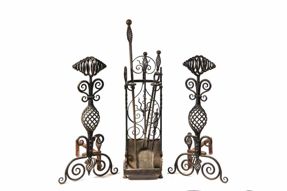 Appraisal: PC HAND WROUGHT IRON FIREPLACE SET - Monumental Wrought Iron