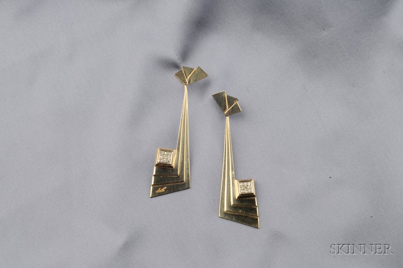 Appraisal: Artist-Designed kt Gold and Diamond Earpendants Erte Geometric made by