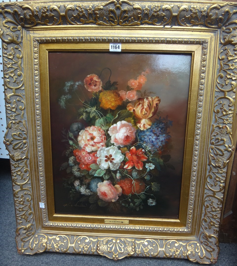 Appraisal: K S Nicholas late th century Floral still life oil