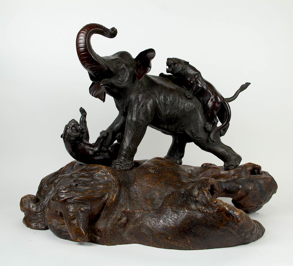 Appraisal: A Meiji Bronze Elephant Signed Mitsumoto An elephant stands atop