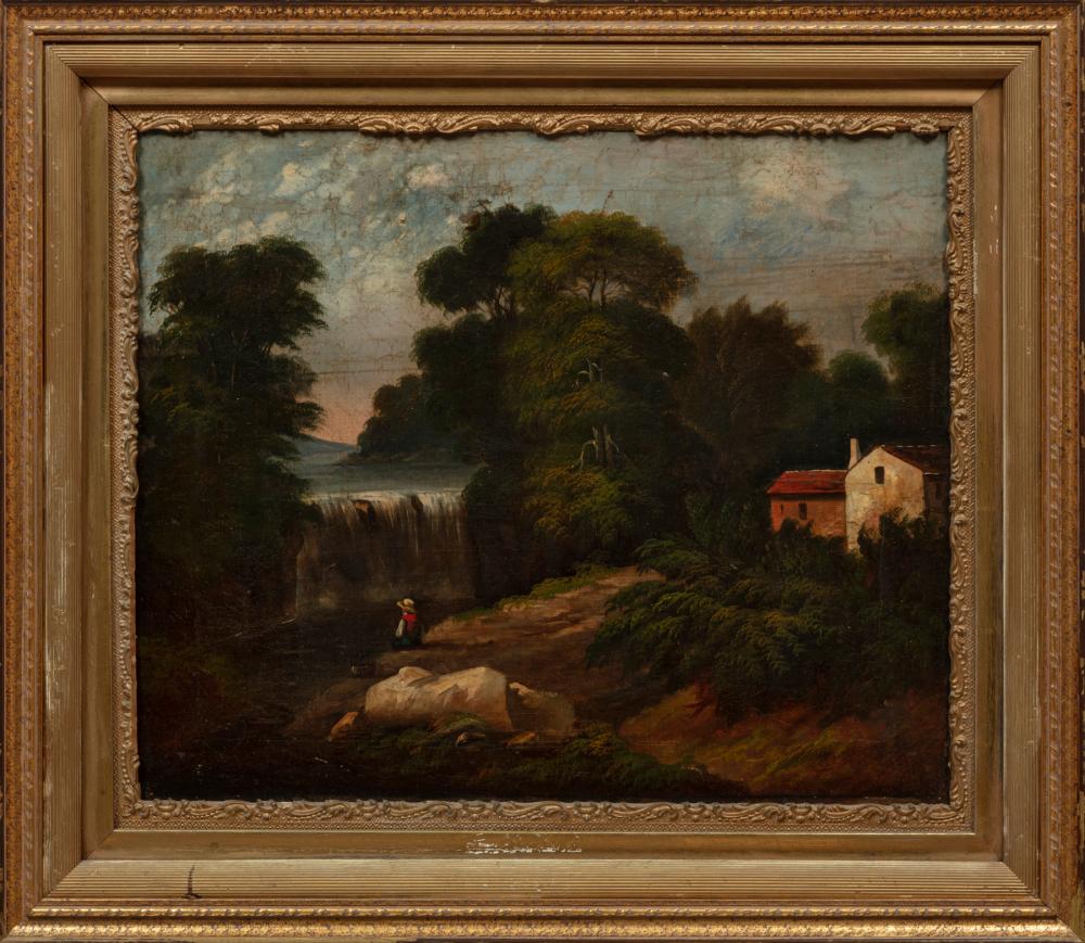 Appraisal: Continental School th c Fishing beside a Waterfall oil on