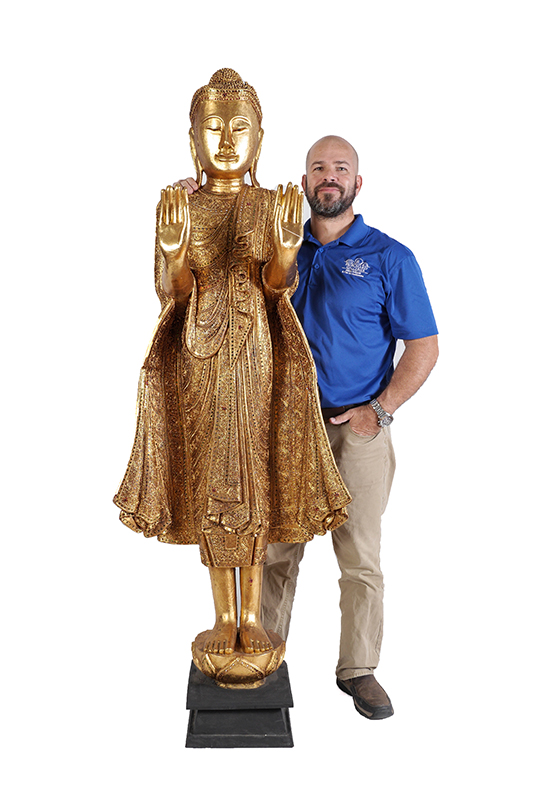 Appraisal: LIFE SIZE CARVED GILT WOOD BURMESE STANDING BUDDHA Carved gilt