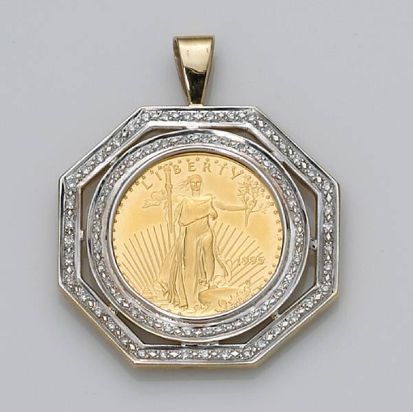 Appraisal: A gold coin and diamond pendant featuring a US American