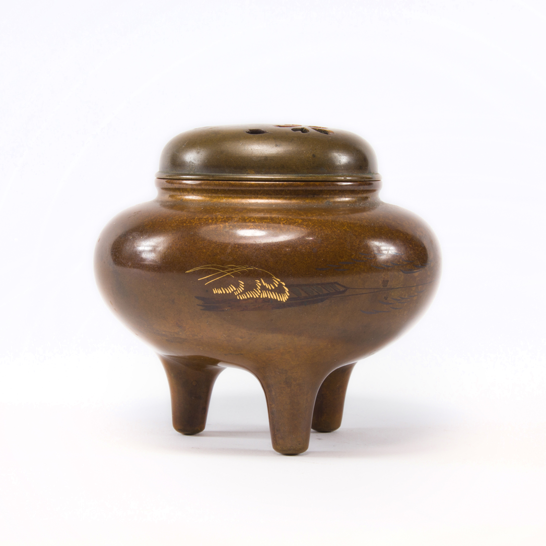 Appraisal: JAPANESE PATINATED BRONZE TRIPOD INCENSE BURNER Japanese patinated bronze tripod