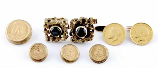 Appraisal: Gold buttons and cuff links Mexican K yellow gold coin