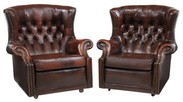 Appraisal: pair English wingback armchairs late th c in brown leather