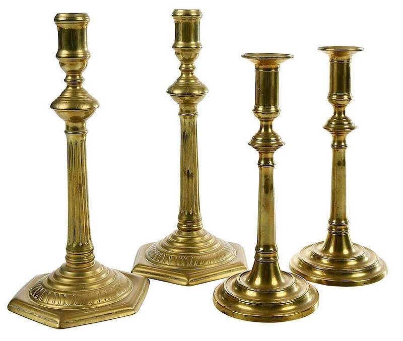 Appraisal: Two Pairs Tall Brass Chippendale Candlesticks th century comprising Chippendale