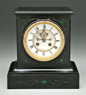 Appraisal: Polished slate shelf clock open escapement Roman numerals brass works