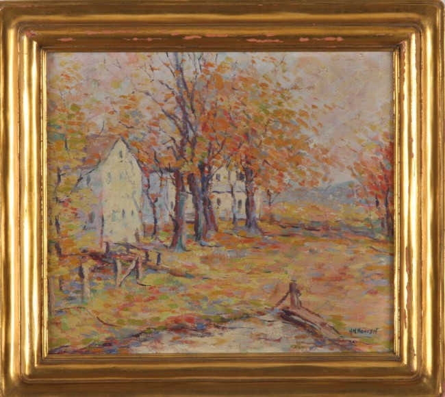 Appraisal: Autumn landscape with houses oil on board x SLR H