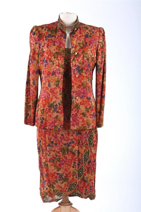 Appraisal: GALANOS EMBELLISHED SILK COCKTAIL DRESS AND JACKET s Polychrome floral