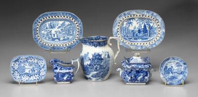 Appraisal: Seven pieces blue transferware pitcher with Asian scene on quilted