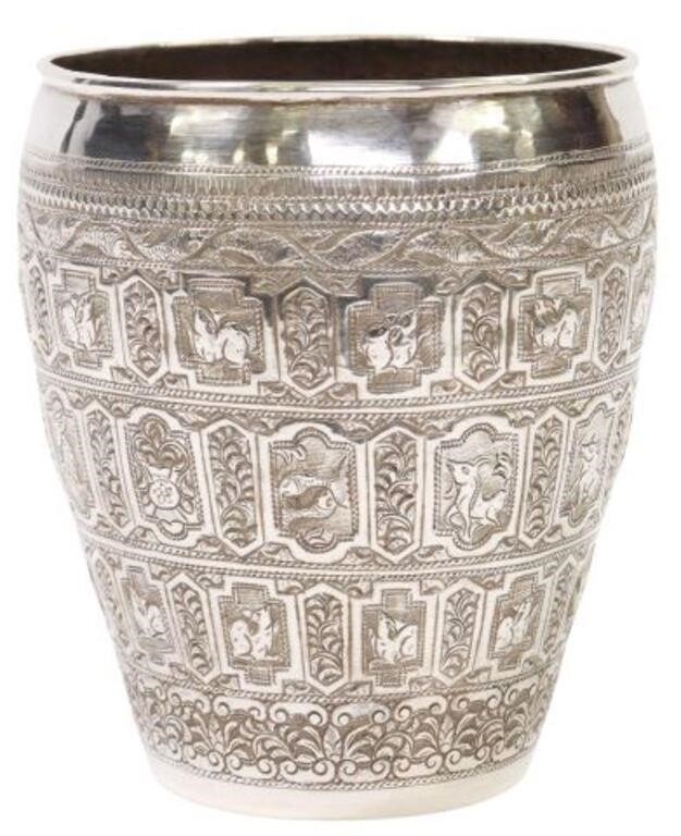 Appraisal: BURMESE SILVER ZODIAC BEAKERBurmese silver beaker decorated with figures and