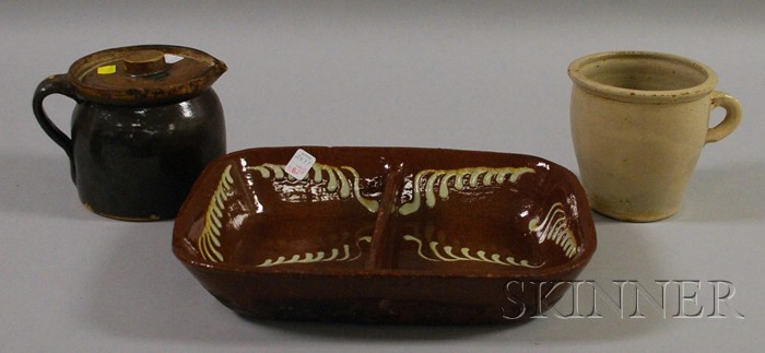 Appraisal: Slip Decorated Glazed Redware Divided Dish a Glazed Pottery Jug