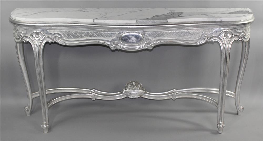 Appraisal: LOUIS XV STYLE MARBLE TOP SILVER LEAF CONSOLE TABLE EN