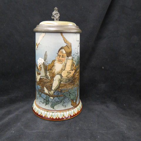 Appraisal: Mettlach Etched Pottery Stein gnome with stein seated in a