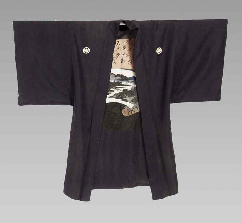 Appraisal: JAPANESE BLACK SILK KIMONO Jacket having a decorative silk panel