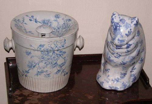 Appraisal: Artist Title Blue and White Stoneware slop jar and cat