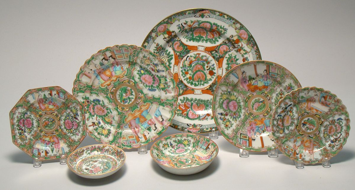 Appraisal: SEVEN CHINESE EXPORT ROSE MEDALLION PORCELAIN DISHES With figural decoration