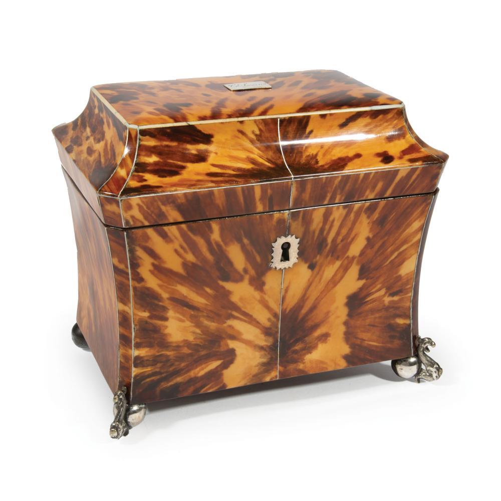 Appraisal: George III Tortoiseshell Sarcophgus-Form Tea Caddy th c lid cartouche