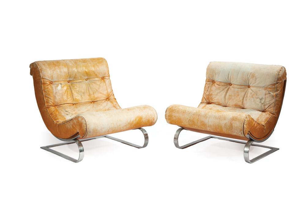 Appraisal: Pair of Mid-Century Modern Chrome and Leather Cantilever Lounge Chairs