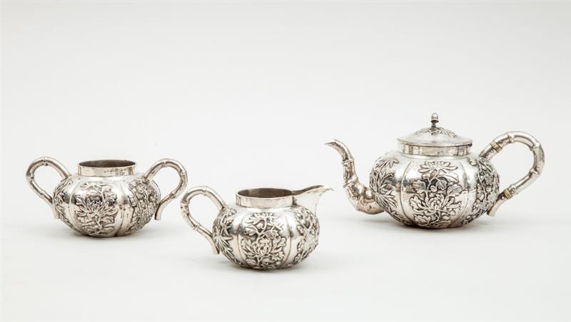 Appraisal: CHINESE EXPORT SILVER THREE-PIECE TEA SET Marked 'MK ' and