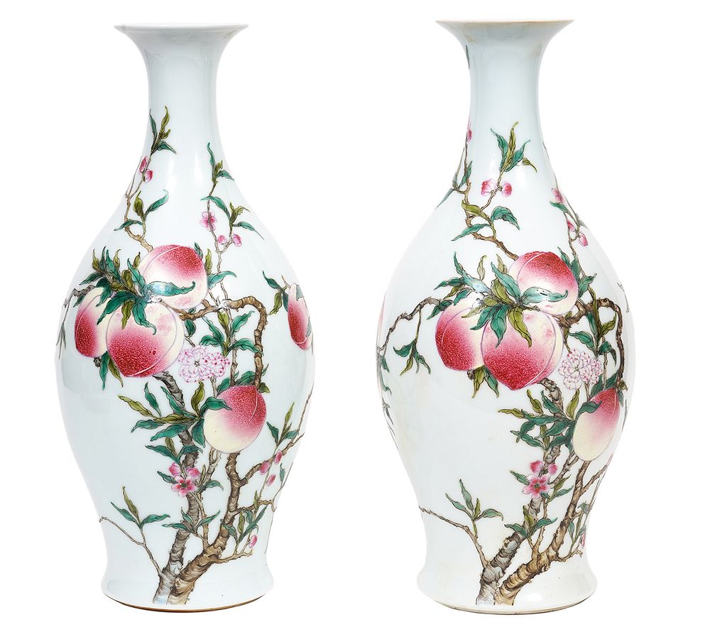 Appraisal: Pr Chinese Famille Rose Peach Vases Pair of Chinese Famille