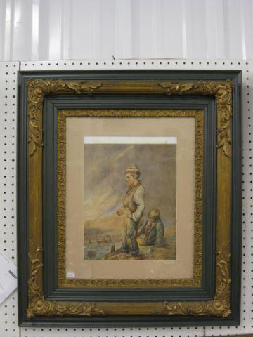 Appraisal: Victorian Watercolor of Boy Fishing image area x