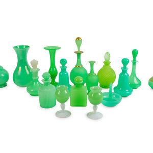 Appraisal: A Collection of Sixteen Green Opaline Glass Items TH CENTURY