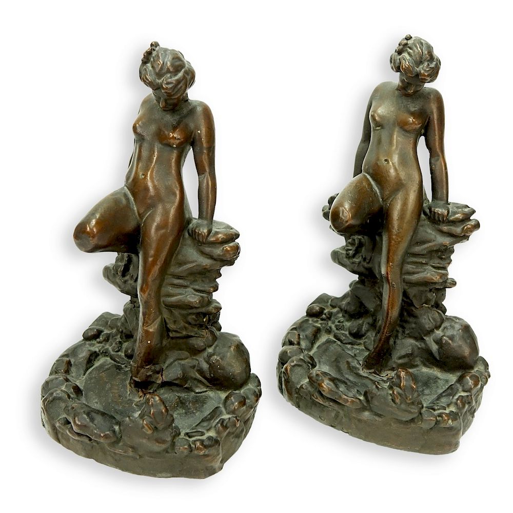 Appraisal: Pair KBW Bronze Clad Bookends Nude At Pond Pair KBW