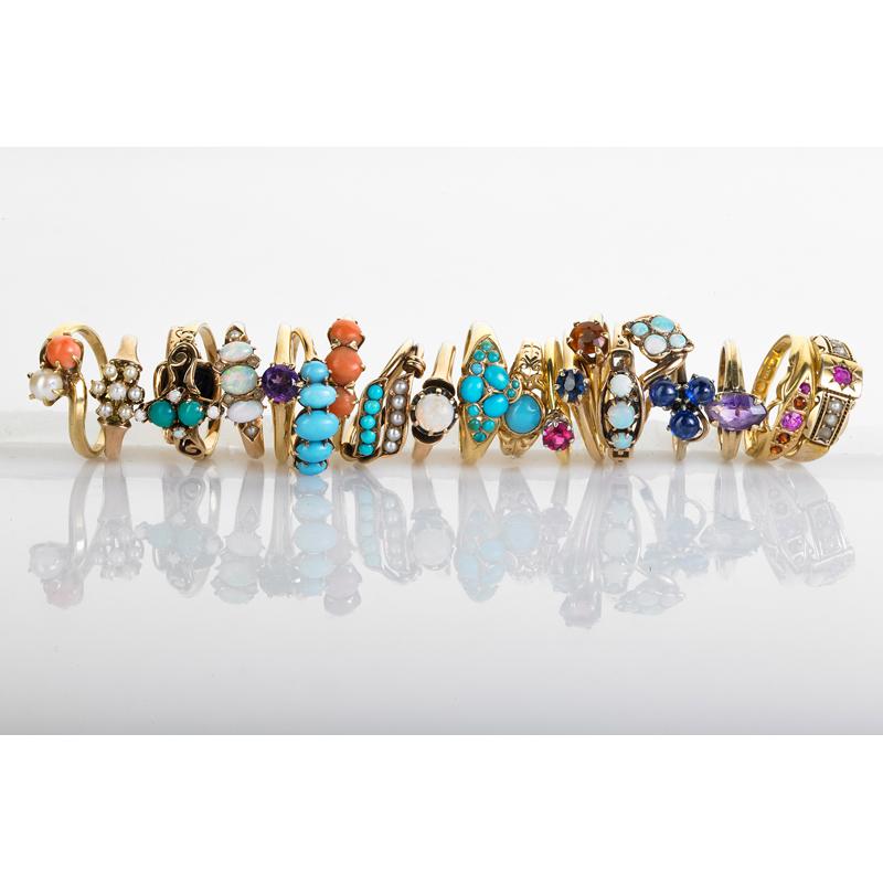 Appraisal: TWENTY-ONE GEM-SET GOLD RINGS Includes Onyx amethyst coral pearl turquoise