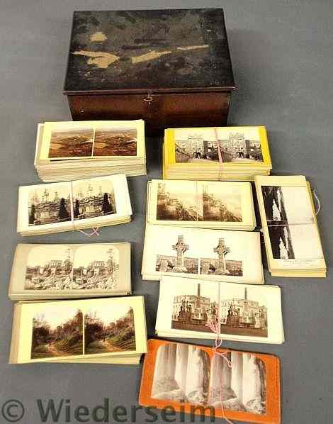 Appraisal: Mahogany dovetailed box containing stereo-view cards of Europe Egypt America