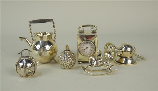 Appraisal: COLLECTION OF SIX SILVER MINIATURE ITEMS including a Travel Clock