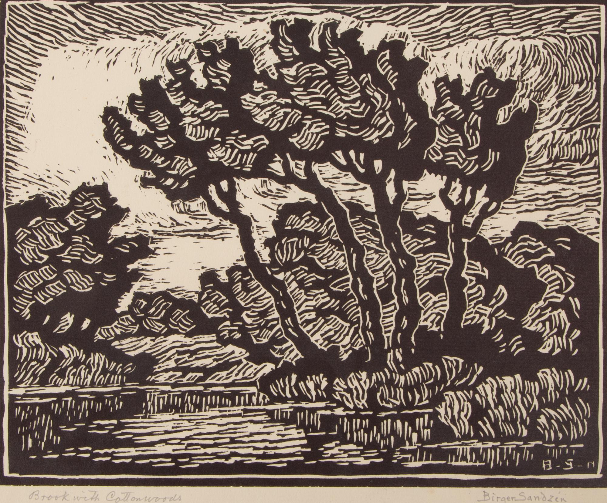 Appraisal: BIRGER SANDZ N 'BROOK WITH COTTONWOODS' SIGNED LINOCUT Birger Sandz