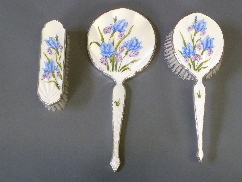 Appraisal: POST WAR CASED SILVER NAD GUILLOCHE ENAMEL DRESSING TABLE SET