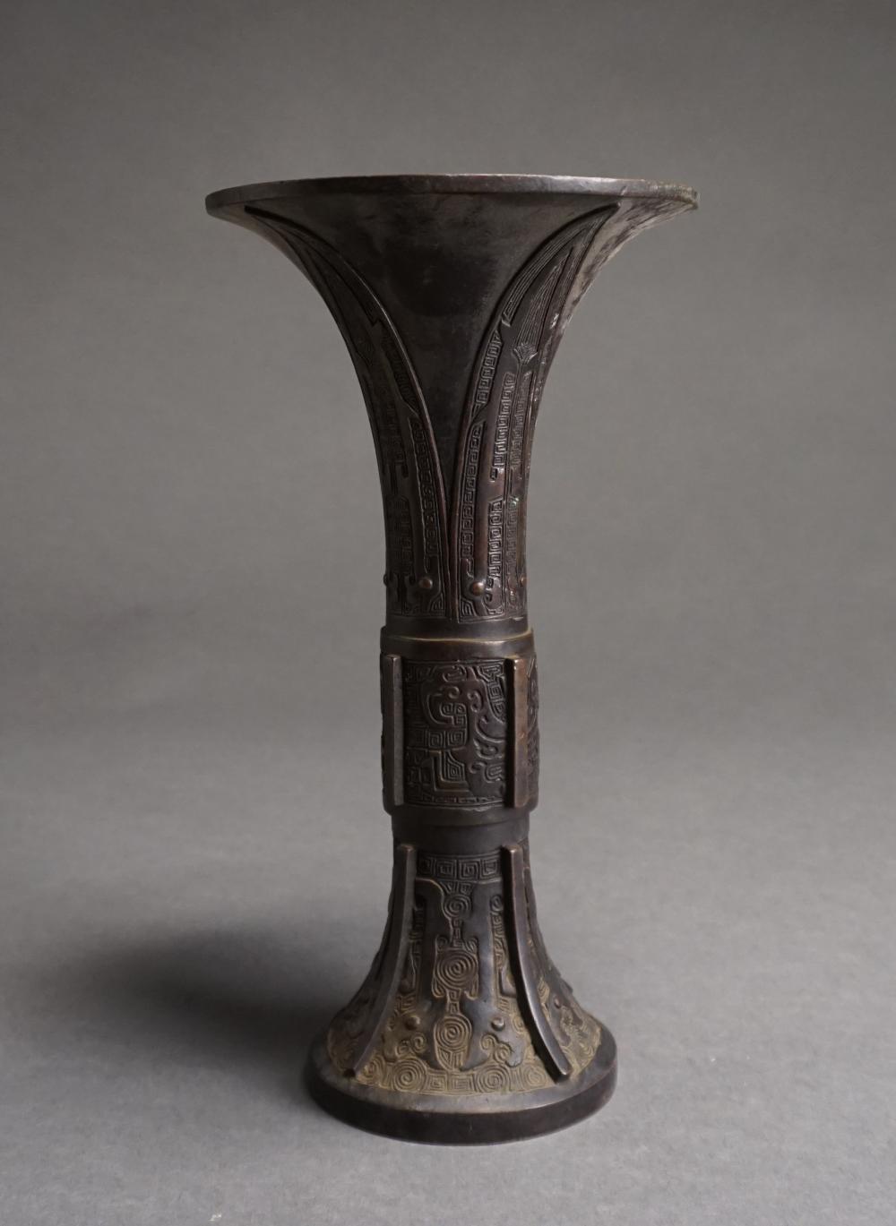 Appraisal: CHINESE BRONZE GU-FORM VESSEL H IN CM Chinese Bronze Gu-Form