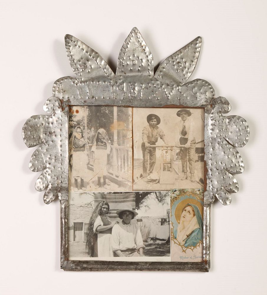 Appraisal: Tin Frame with Photos and Devotional Card Attributed to Isleta