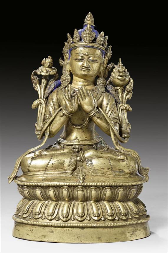 Appraisal: AN BRONZE FIGURE OF MAITREYA WITH INLAID EYES Tibet th