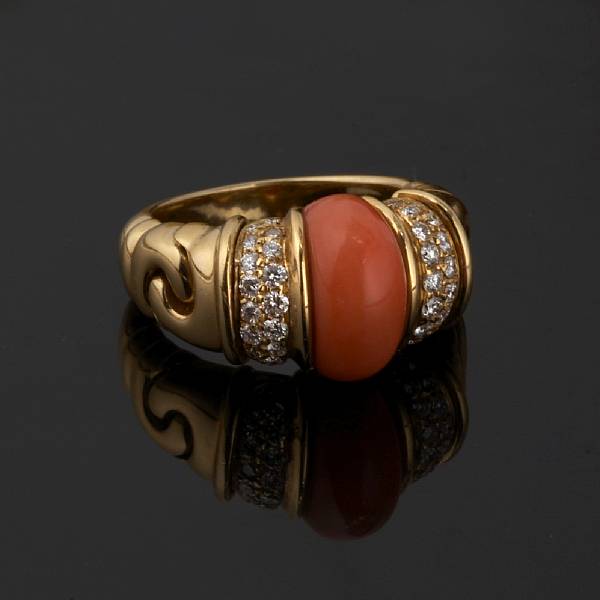 Appraisal: A coral and diamond ring Bulgari signed Bulgari mounted in