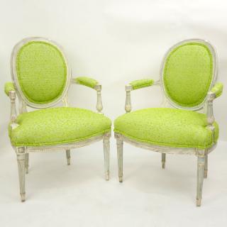 Appraisal: Pair of Late th Century Louis XVI Green Upholstered Cabriolet